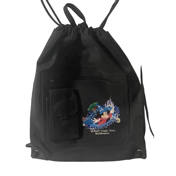 Walt Disney World Vintage Where Magic Lives Drawstring Black Backpack Cinch Bag - Picture 2 of 16